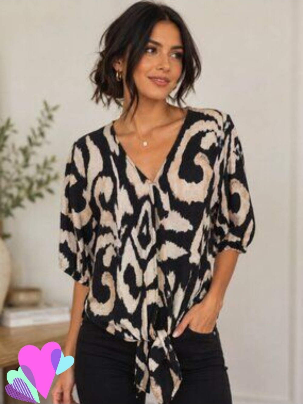 Women's Black and Cream Tie-Front Button Down V-Neck Oversized Blouse